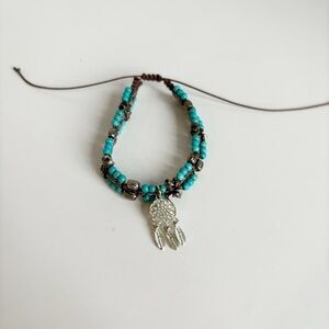 Boho Beaded Dreamcatcher Adjustable Bracelet Turquoise Silver Brown